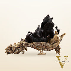 Black Gold Brass Lord Ganesha Statue on Peacock Throne – 11.5" Exquisite Handcrafted Idol
