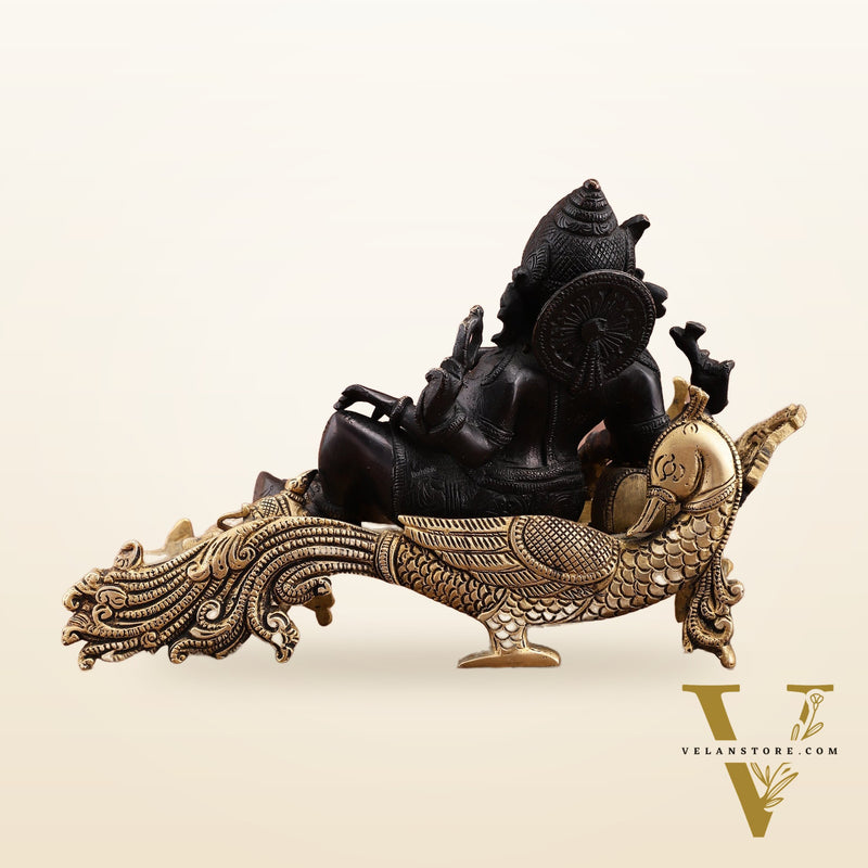 Black Gold Brass Lord Ganesha Statue on Peacock Throne – 11.5" Exquisite Handcrafted Idol