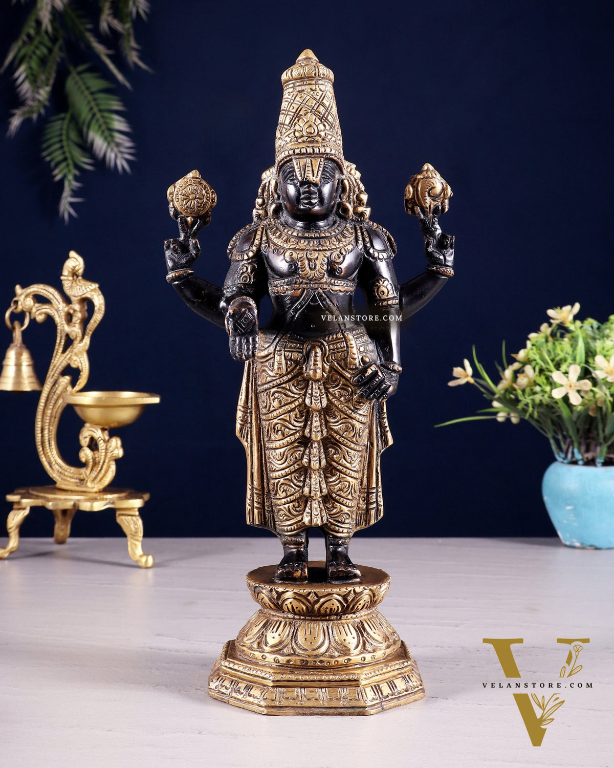 Black & Gold Brass Tirupati Balaji Statue | 12" Height