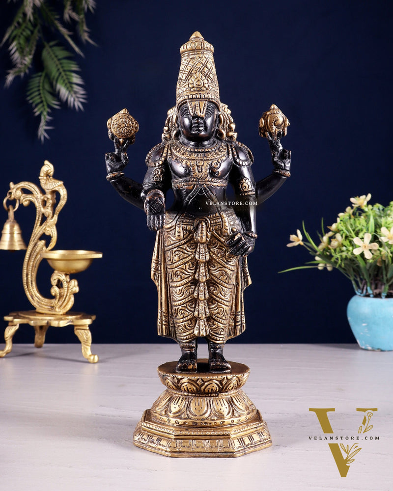Black & Gold Brass Tirupati Balaji Statue | 12" Height