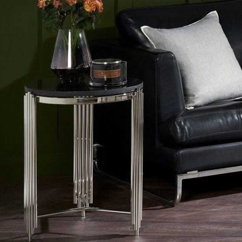 Velvet Arc Side Table | Black Marble Top With Chrome Base | Designer Half-Moon Accent Table