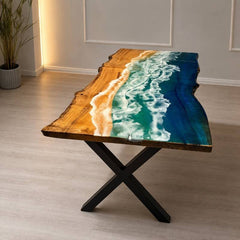 Live Edge Ocean Wave Epoxy Resin Dining Table, Custom Dining Table | Custom Wood Resin Furniture, Live Edge Wood & Blue Resin Art Table | Coastal Style Dining Table