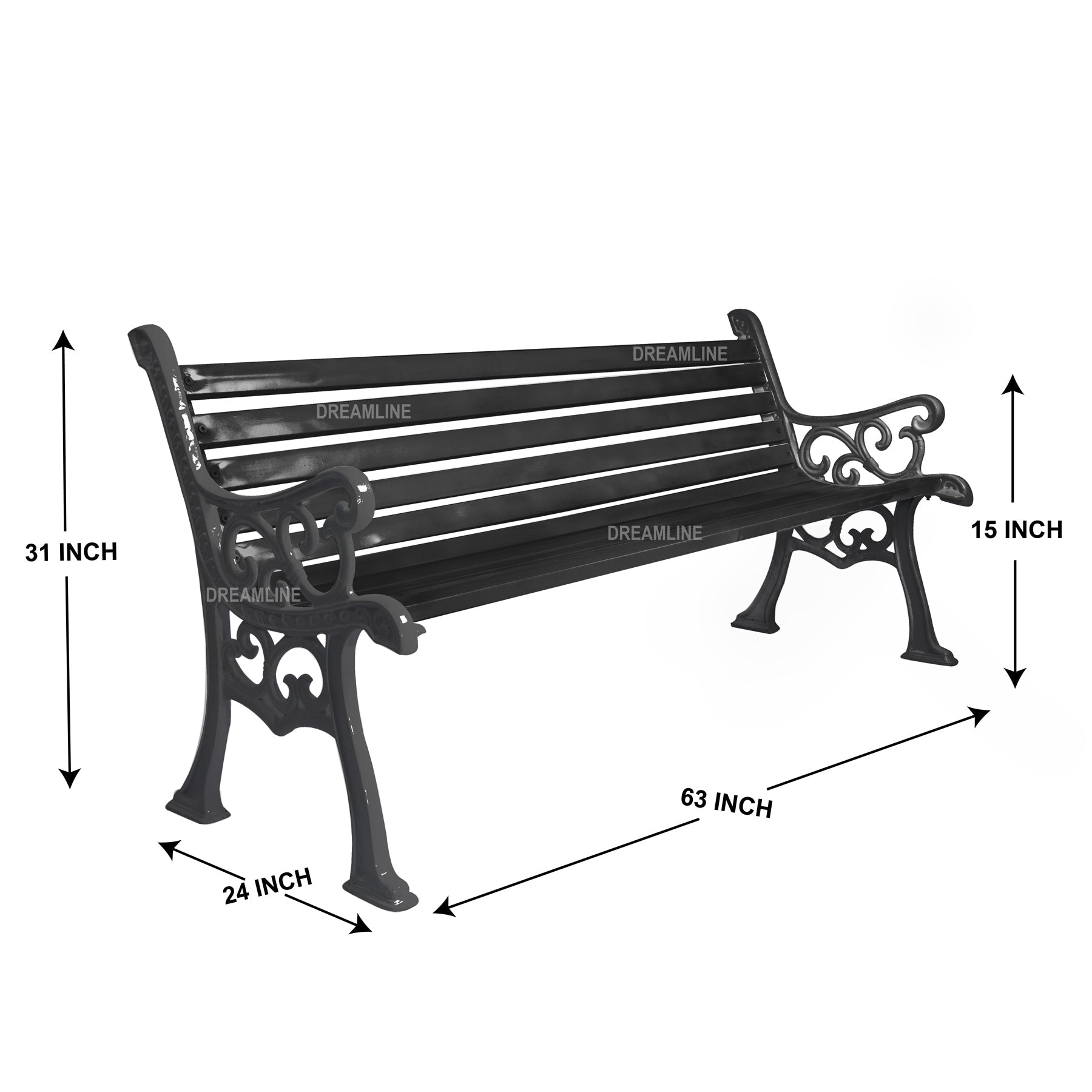 Lisa Cast Iron 3 Seater Garden Bench for Outdoor Park - (Black)