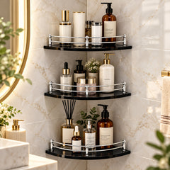 Plantex Glass Corner Shelf for Bathroom/Bathroom Glass Shelf/Bathroom Corner Shelf/Corner Shelf for Kitchen (Black-9x9 Inches-Pack of 3)-1