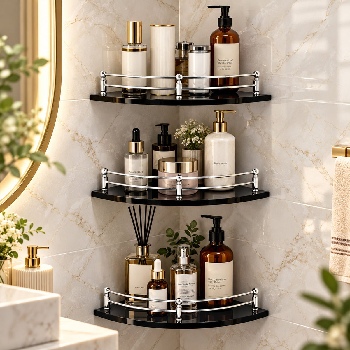 Plantex Glass Corner Shelf for Bathroom/Bathroom Glass Shelf/Bathroom Corner Shelf/Corner Shelf for Kitchen (Black-9x9 Inches-Pack of 3)