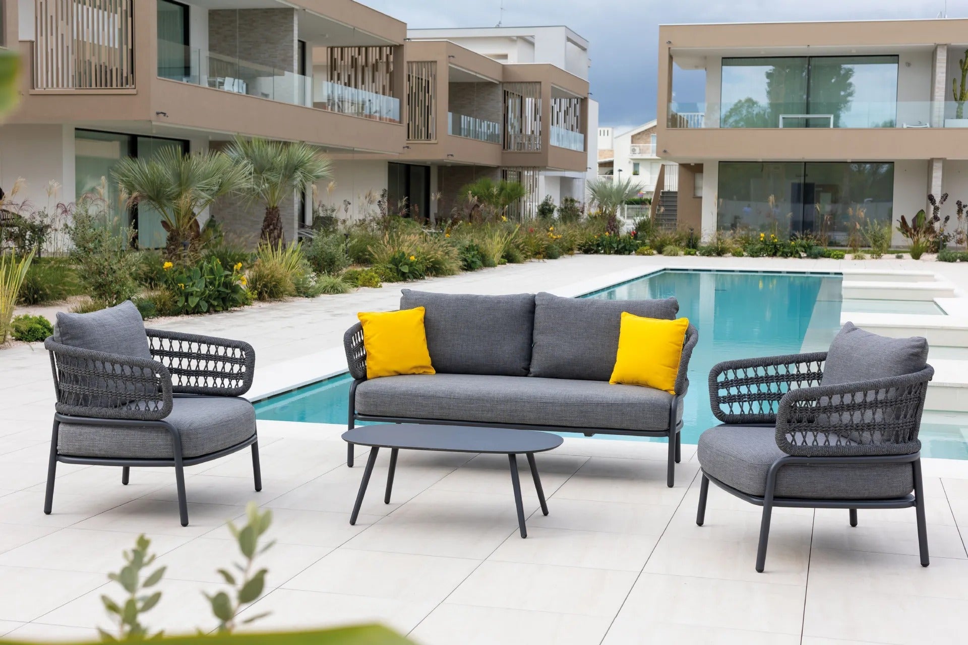 Hauwa Outdoor Garden Balcony Sofa Set 2 Seater , 2 Single Seater 1 Center Table Set Braid & Rope (Dark Grey)