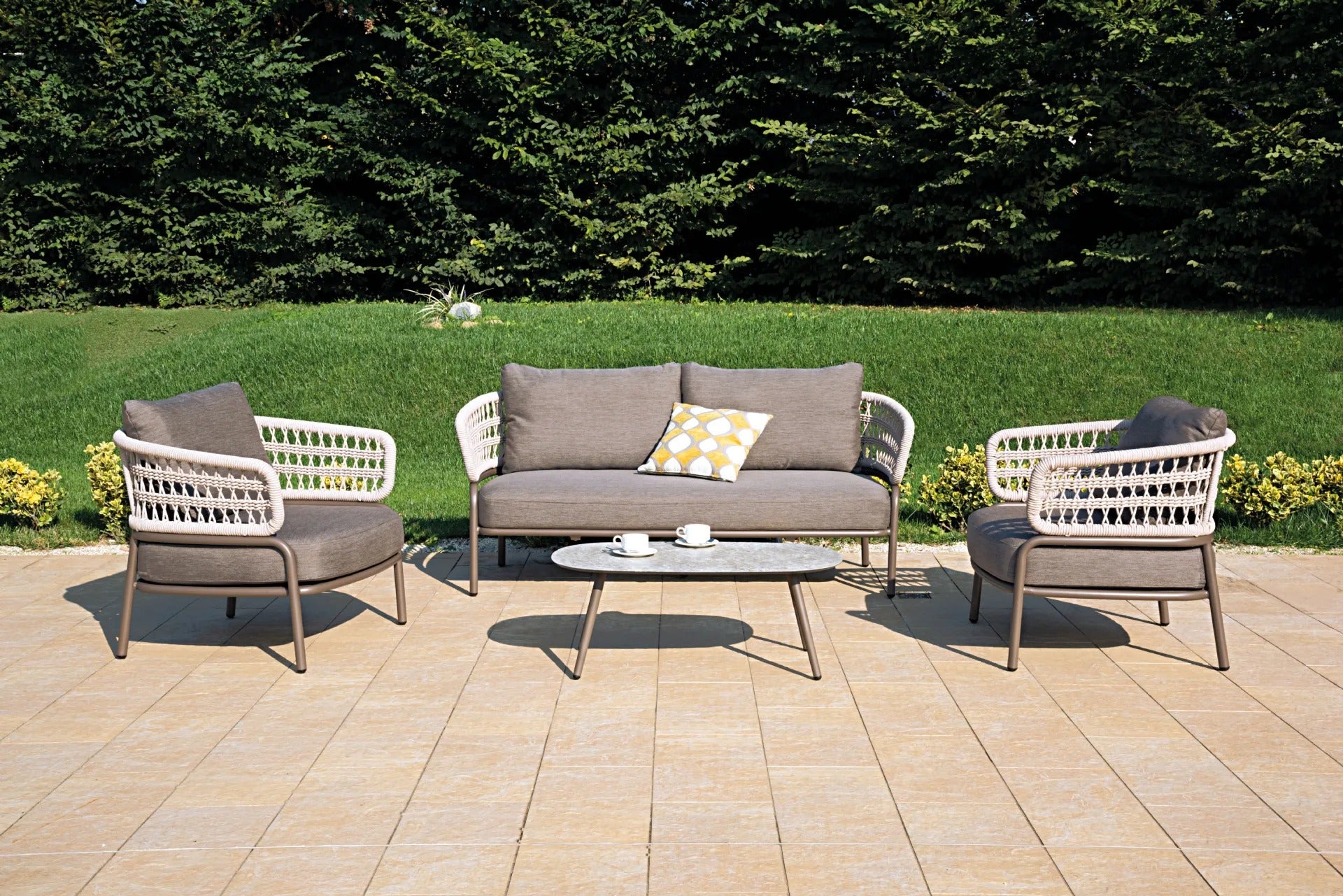 Kodjo Outdoor Garden Balcony Sofa Set 2 Seater , 2 Single Seater 1 Center Table Set, Braid & Rope (Taupe + Beige)