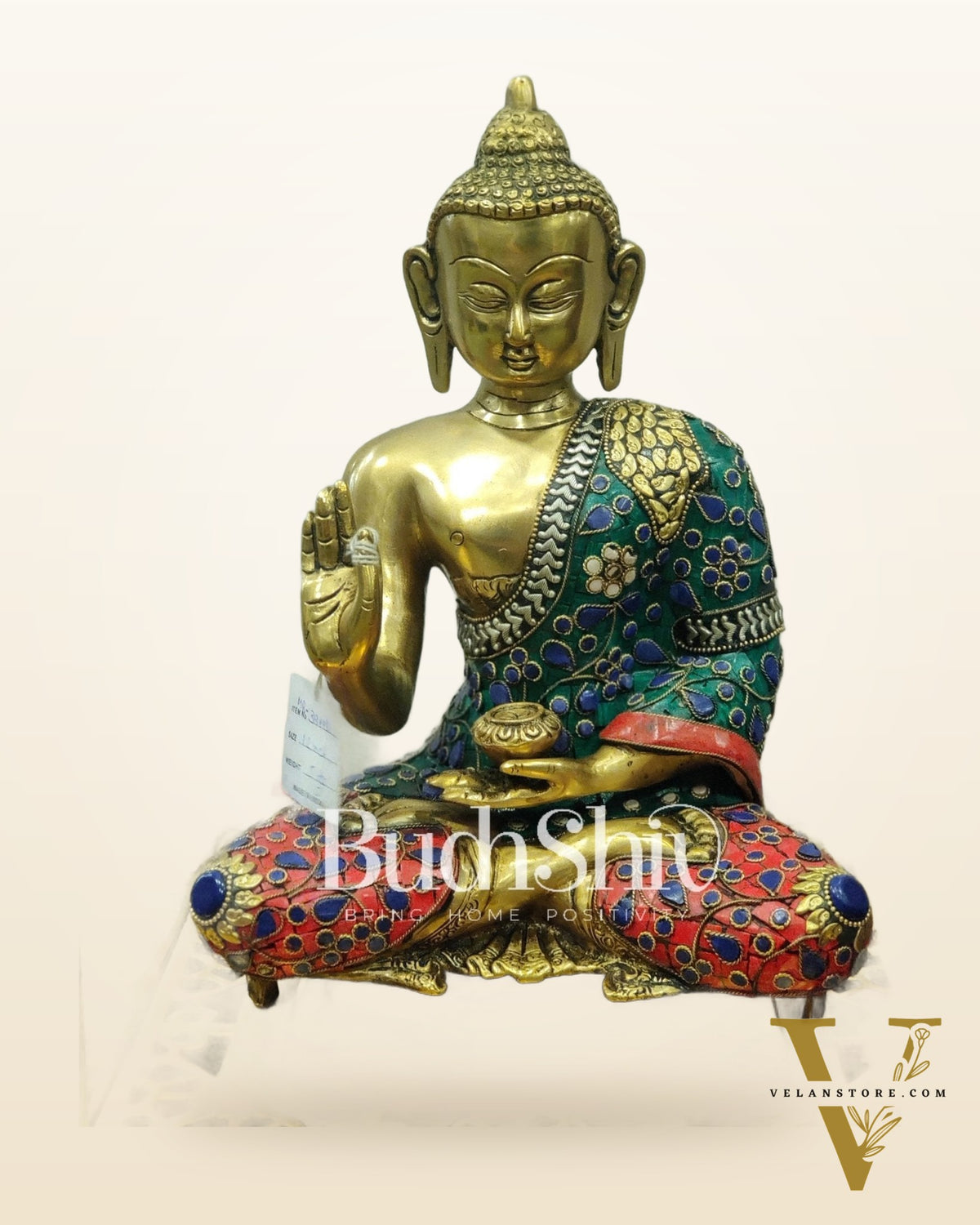 Blessing Buddha Brass Idol elevated with a tripod base 11 inches