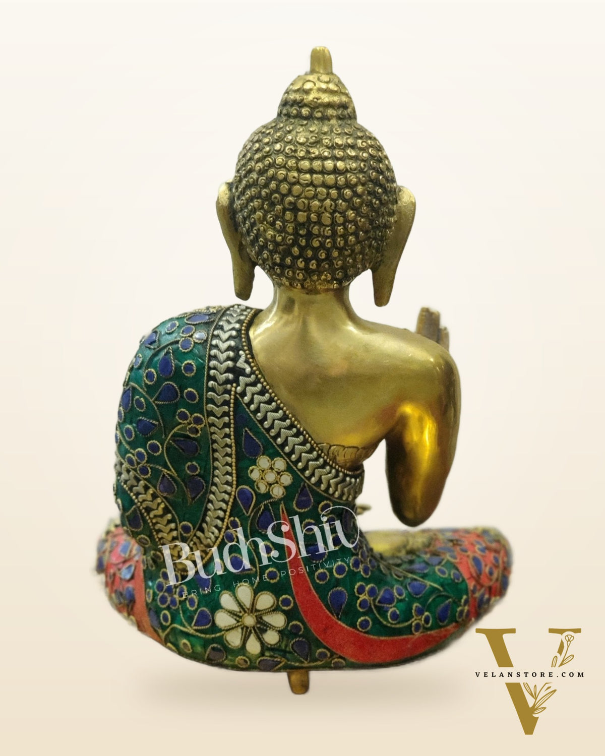 Blessing Buddha Brass Idol elevated with a tripod base 11 inches