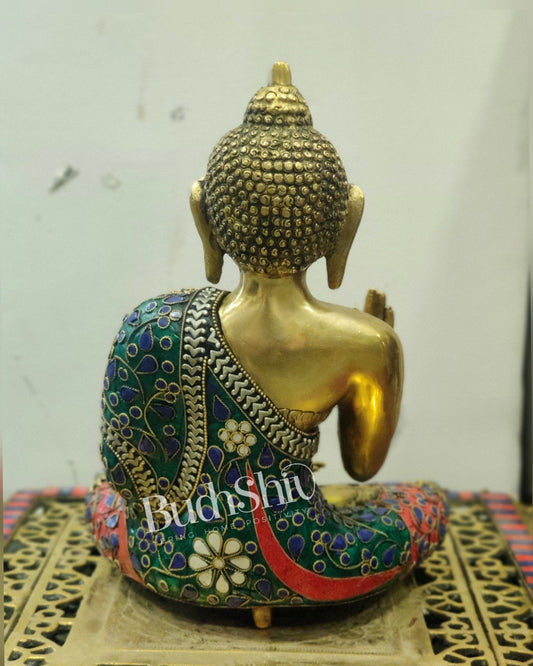 Blessing Buddha Brass Idol elevated with a tripod base 11 inches
