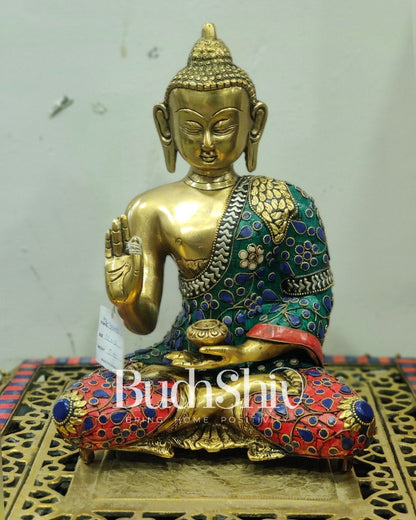 Blessing Buddha Brass Idol elevated with a tripod base 11 inches