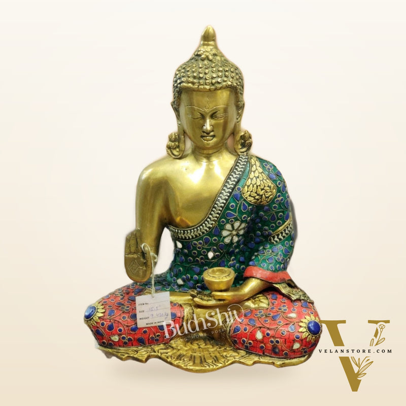 Blessing Buddha Brass Idol with Stonework Online - 16 inches