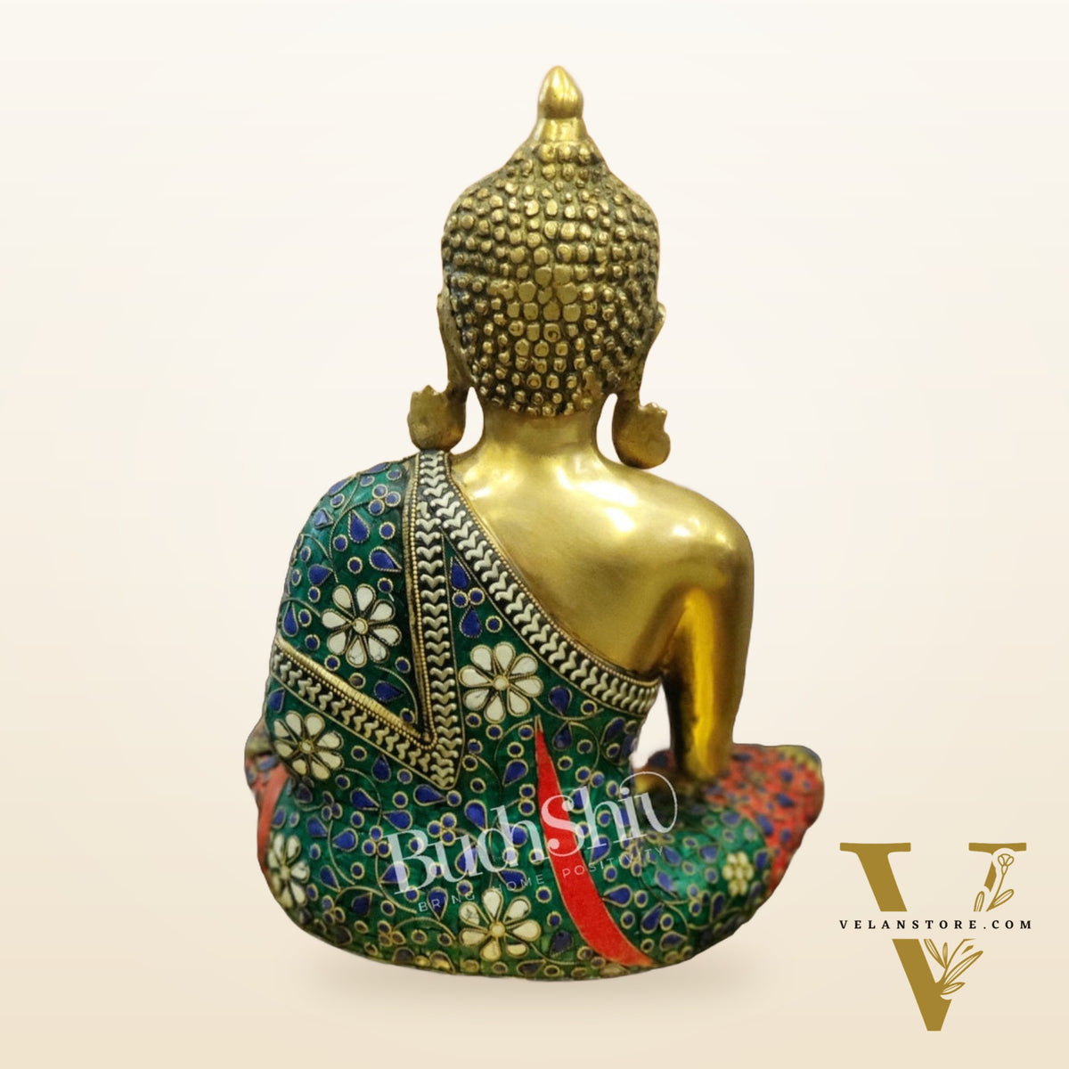 Blessing Buddha Brass Idol with Stonework Online - 16 inches
