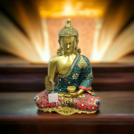 Blessing Buddha Brass Idol with Stonework Online - 16 inches