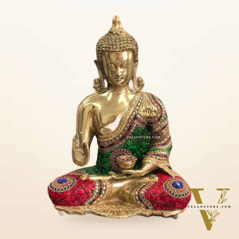 Blessing Buddha Brass Statue with Stonework 16 inches | BudhShiv
