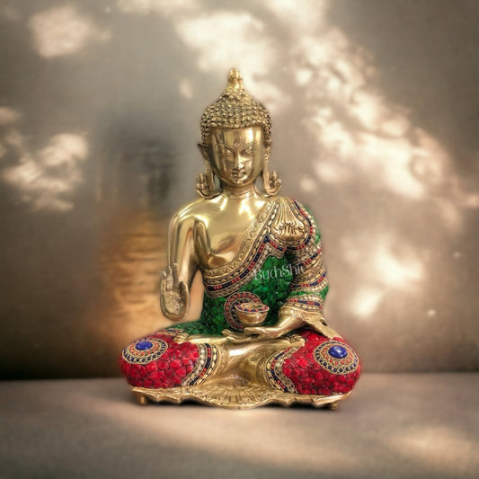 Blessing Buddha Brass Statue with Stonework 16 inches | BudhShiv