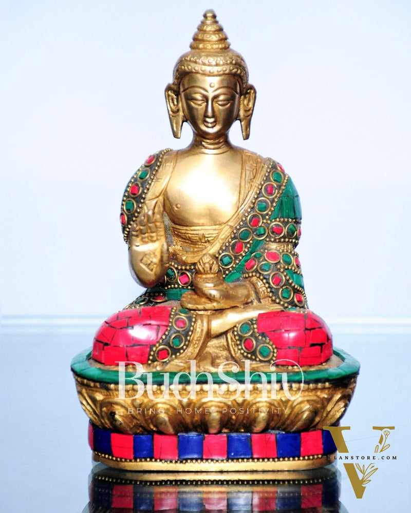 Blessing Buddha Statue: Fine Brass with Natural Stones 7 inch