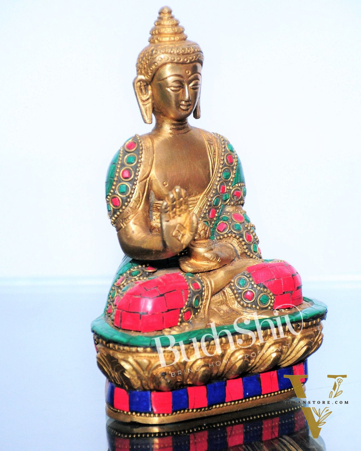 Blessing Buddha Statue: Fine Brass with Natural Stones 7 inch