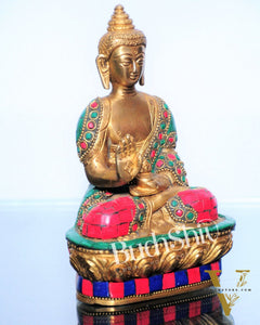 Blessing Buddha Statue: Fine Brass with Natural Stones 7 inch
