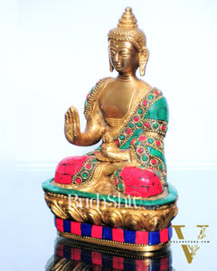 Blessing Buddha Statue: Fine Brass with Natural Stones 7 inch