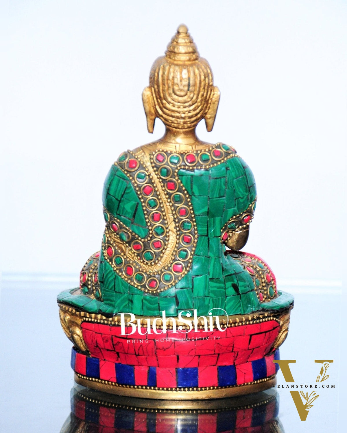 Blessing Buddha Statue: Fine Brass with Natural Stones 7 inch