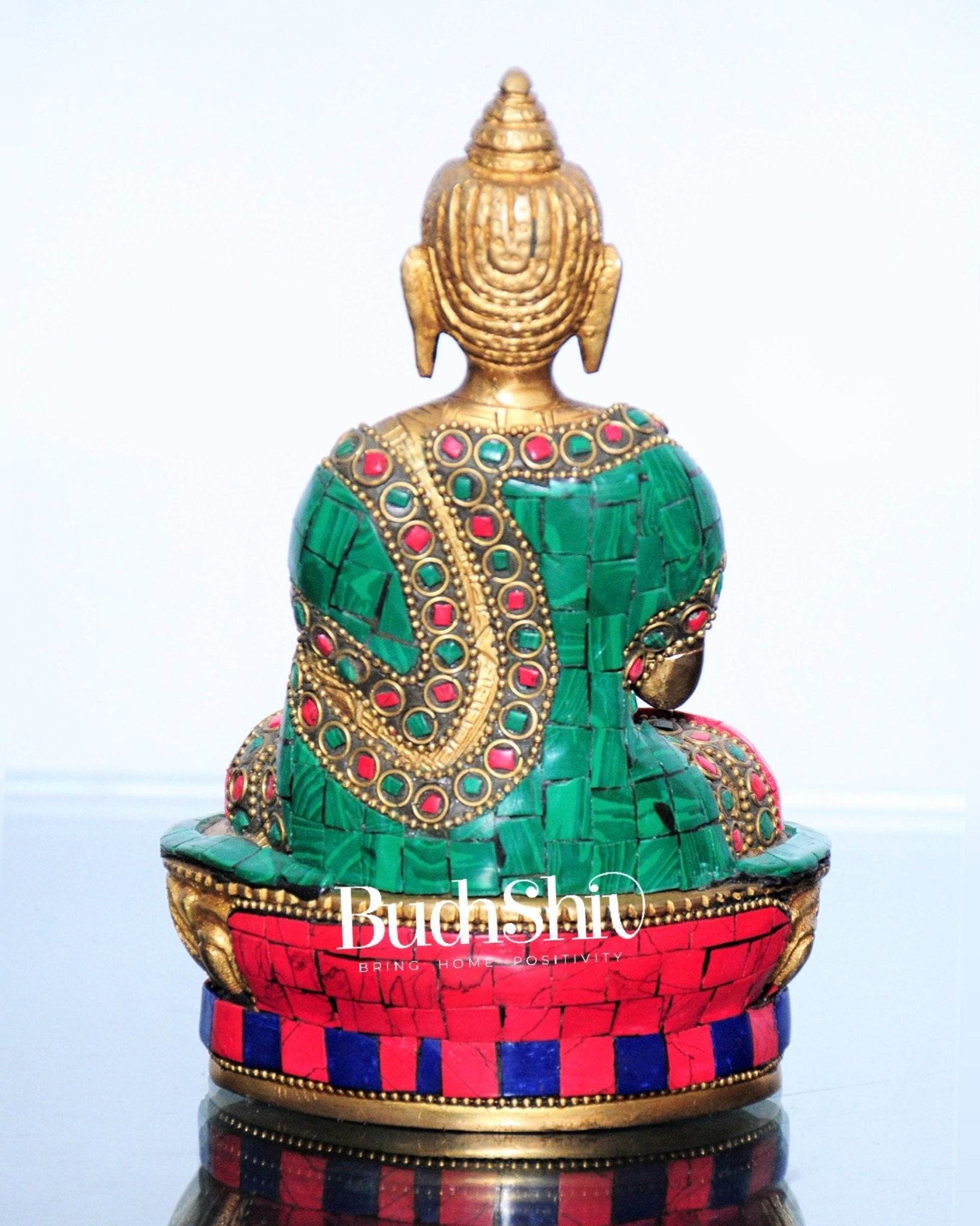 Blessing Buddha Statue: Fine Brass with Natural Stones 7 inch