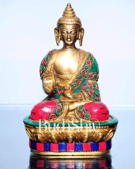 Blessing Buddha Statue: Fine Brass with Natural Stones 7 inch