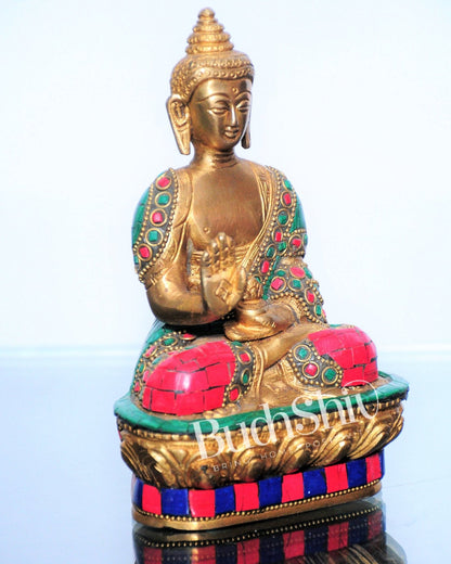 Blessing Buddha Statue: Fine Brass with Natural Stones 7 inch
