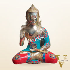 Blessings of Buddha: Tibetan Idol in Superfine Brass with Meenakari Stonework 12 inch
