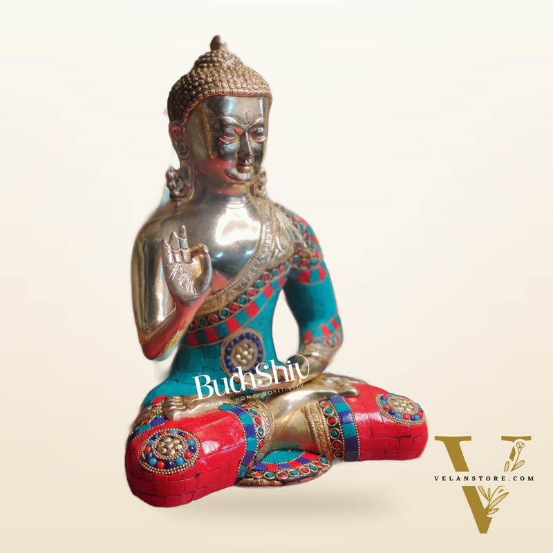 Blessings of Buddha: Tibetan Idol in Superfine Brass with Meenakari Stonework 12 inch