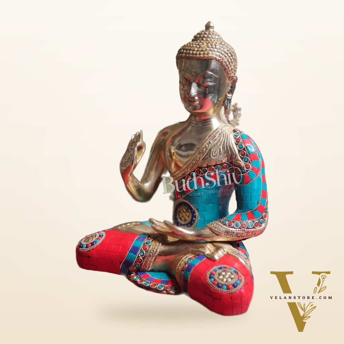 Blessings of Buddha: Tibetan Idol in Superfine Brass with Meenakari Stonework 12 inch