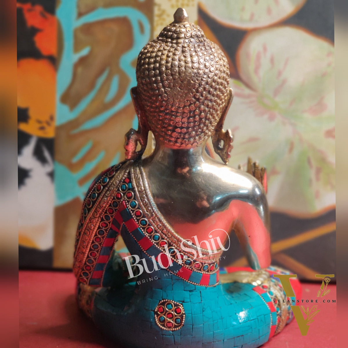 Blessings of Buddha: Tibetan Idol in Superfine Brass with Meenakari Stonework 12 inch