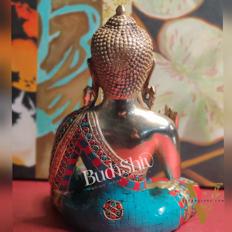 Blessings of Buddha: Tibetan Idol in Superfine Brass with Meenakari Stonework 12 inch