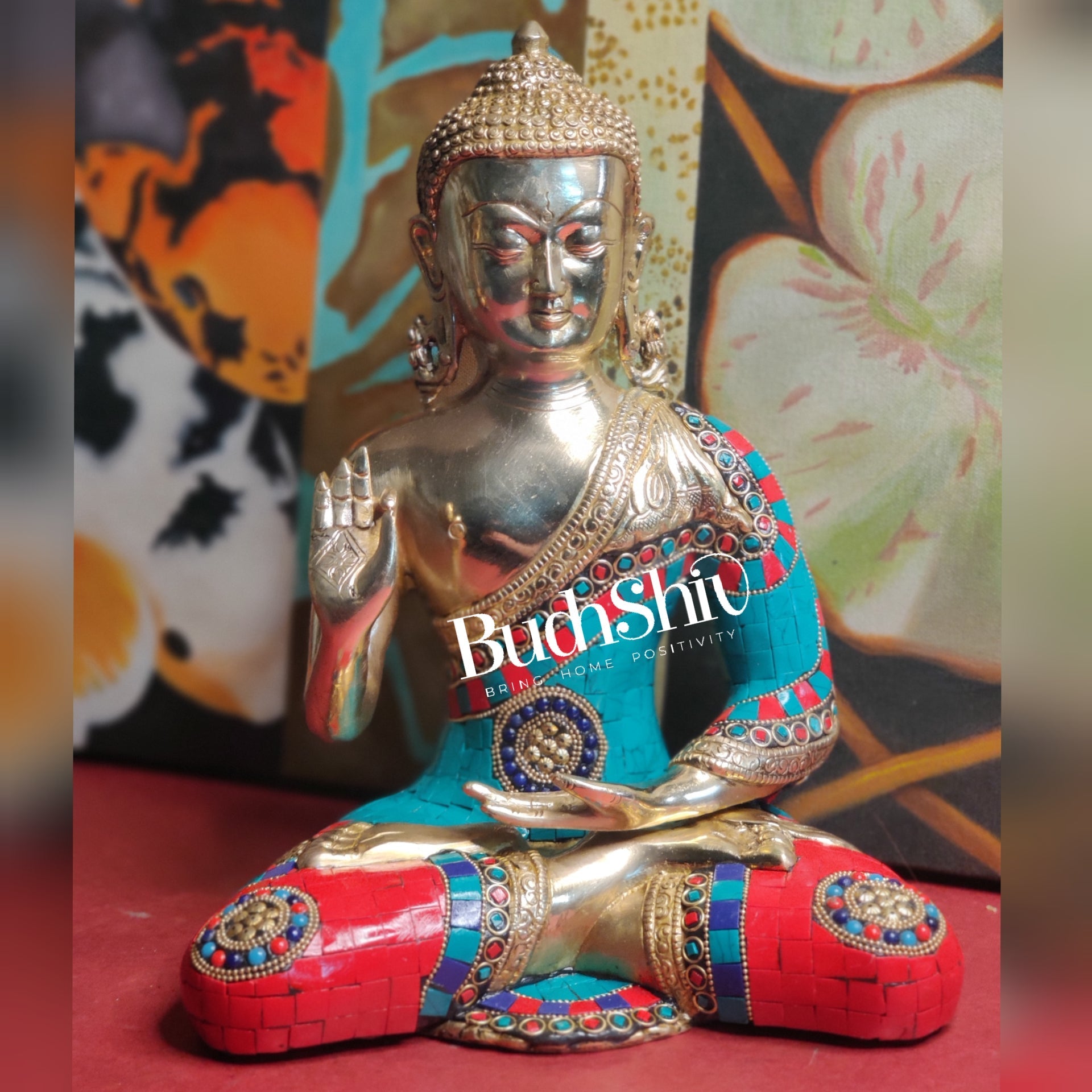 Blessings of Buddha: Tibetan Idol in Superfine Brass with Meenakari Stonework 12 inch