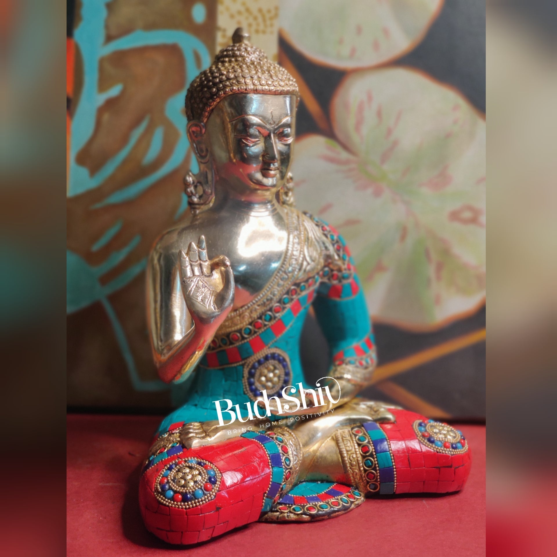 Blessings of Buddha: Tibetan Idol in Superfine Brass with Meenakari Stonework 12 inch