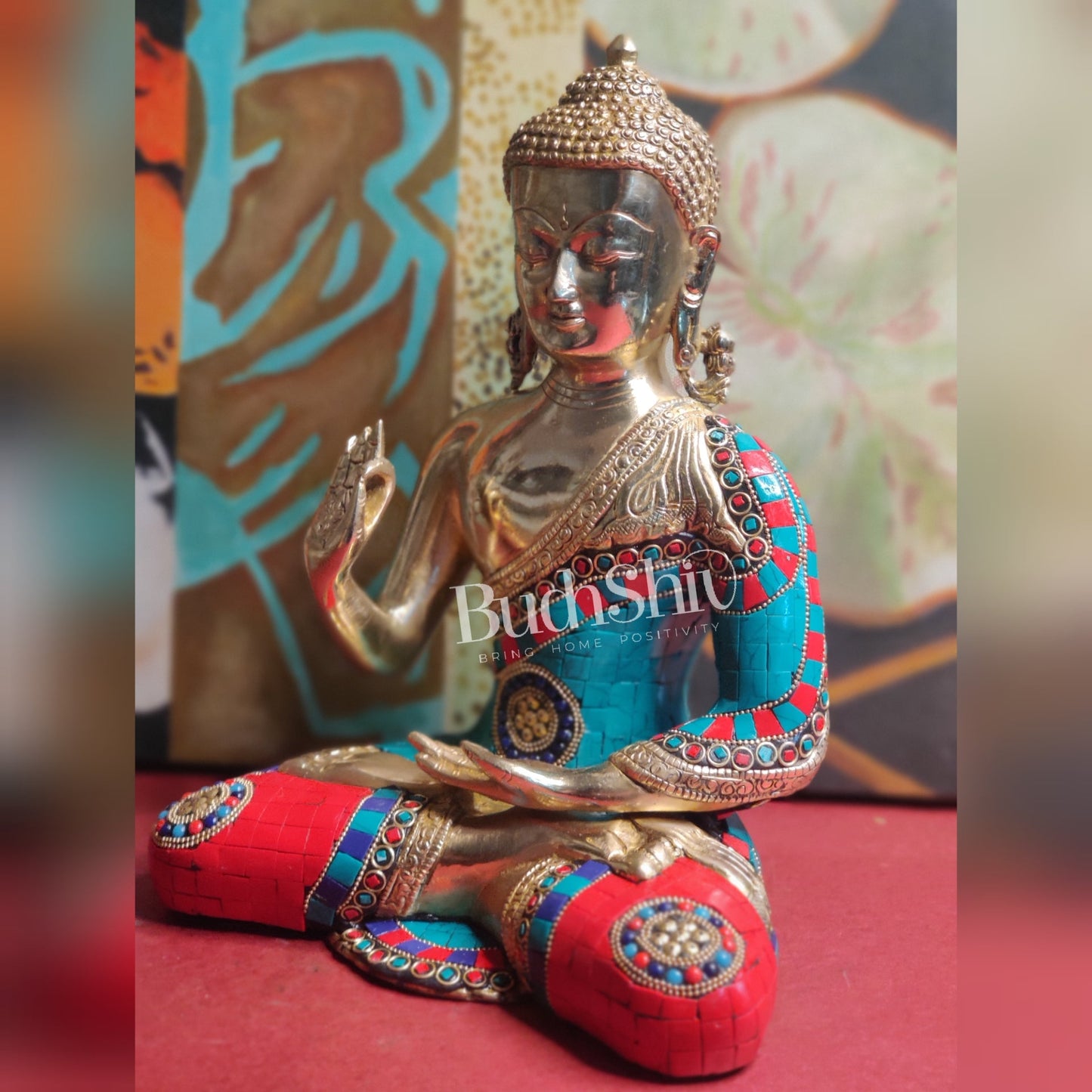 Blessings of Buddha: Tibetan Idol in Superfine Brass with Meenakari Stonework 12 inch