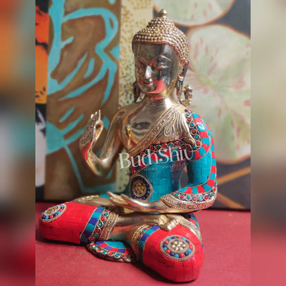 Blessings of Buddha: Tibetan Idol in Superfine Brass with Meenakari Stonework 12 inch