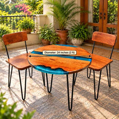 Handmade Round Live Edge Epoxy Coffee Table Set with 2 Chairs, Solid Wood Table with Blue Resin, Metal Hairpin Legs, Custom Size Furniture Set