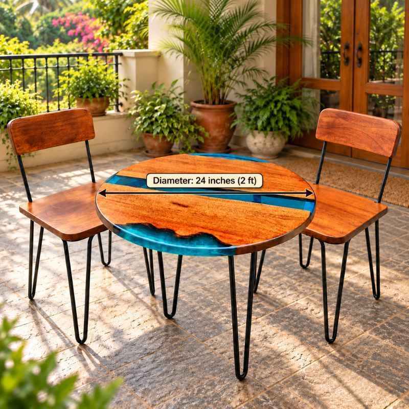 Handmade Round Live Edge Epoxy Coffee Table Set with 2 Chairs, Solid Wood Table with Blue Resin, Metal Hairpin Legs, Custom Size Furniture Set