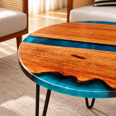 Round Live Edge Epoxy Coffee Table, Solid Wood Center Table with Blue Resin, Natural Wood Table with Metal Hairpin Legs, Custom Size Coffee Table, Creative Sofa Side Table