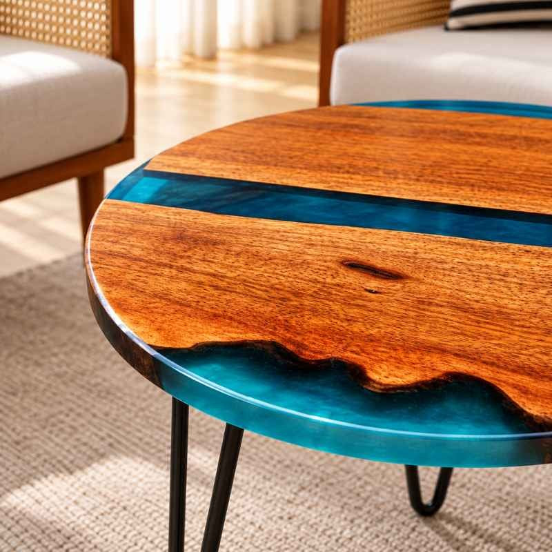Round Live Edge Epoxy Coffee Table, Solid Wood Center Table with Blue Resin, Natural Wood Table with Metal Hairpin Legs, Custom Size Coffee Table, Creative Sofa Side Table