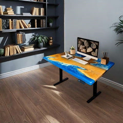 ImperiumX blue beach island standing desk with black legs - epoxy resin