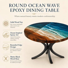 Custom Home Made Luxury Round Ocean Wave Epoxy Resin Dining Table with Black Metal Legs, River Kitchen Table | Natural Solid Wood, Blue Ocean Waves Epoxy Resin
