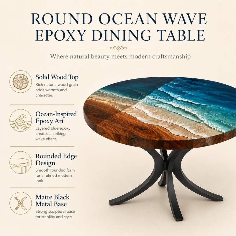 Custom Home Made Luxury Round Ocean Wave Epoxy Resin Dining Table with Black Metal Legs, River Kitchen Table | Natural Solid Wood, Blue Ocean Waves Epoxy Resin