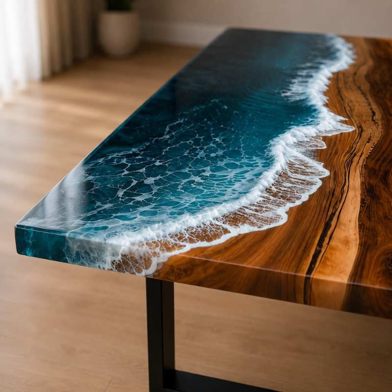Live Edge Modern Ocean Beach Wave Epoxy Resin Dining Table with Black Metal Legs, Handmade Luxury Furniture Design, Custom Kitchen River Table