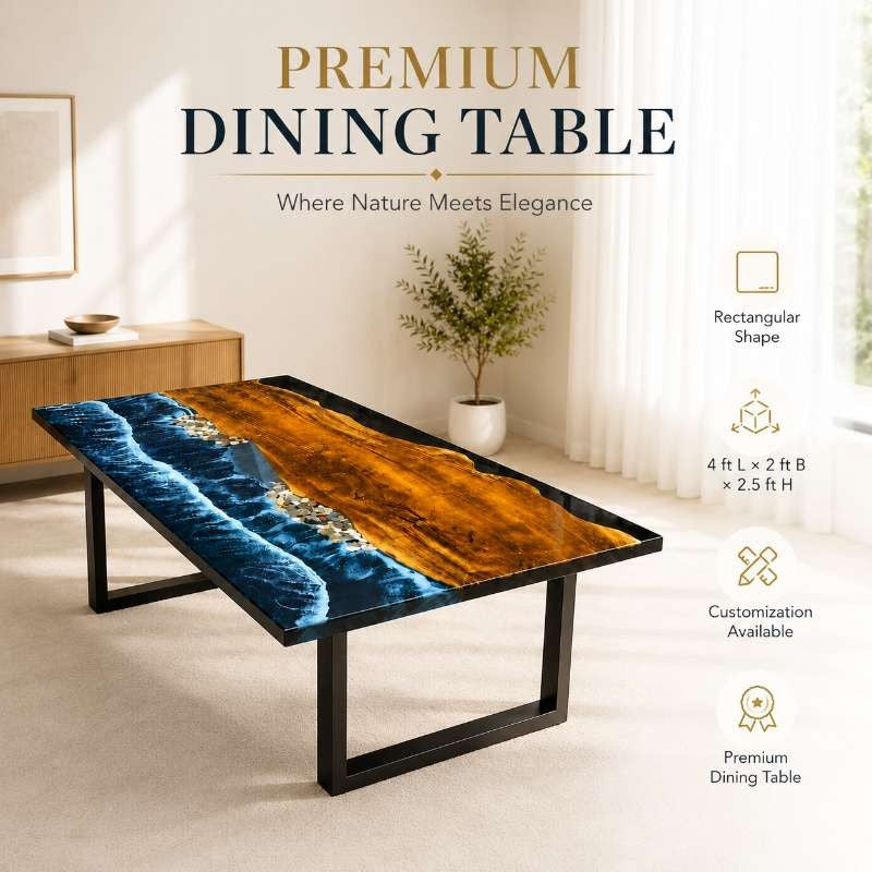 Handmade Blue Pebble Shore Ocean Wave Epoxy Resin Dining Table, Wooden Resin Coffee Table, Epoxy Beach Table, Layered Resin Wave Design with Realistic Water Movement Effect