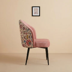 Blush Pink Velvet Accent Chair with Floral Printed Backrest & Removable Black Wooden Legs – Dining Chair
