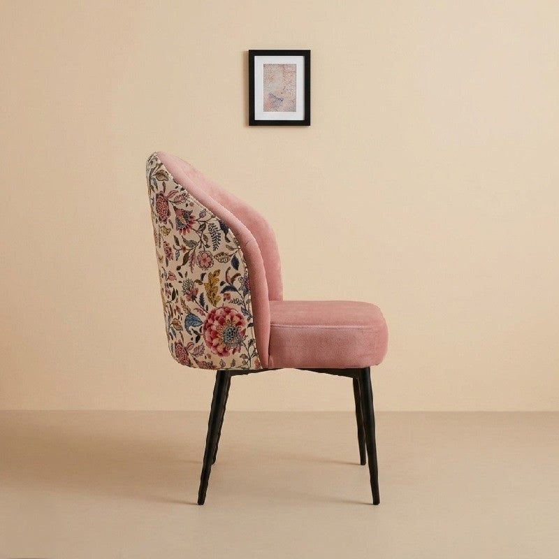 Blush Pink Velvet Accent Chair with Floral Printed Backrest & Removable Black Wooden Legs – Dining Chair