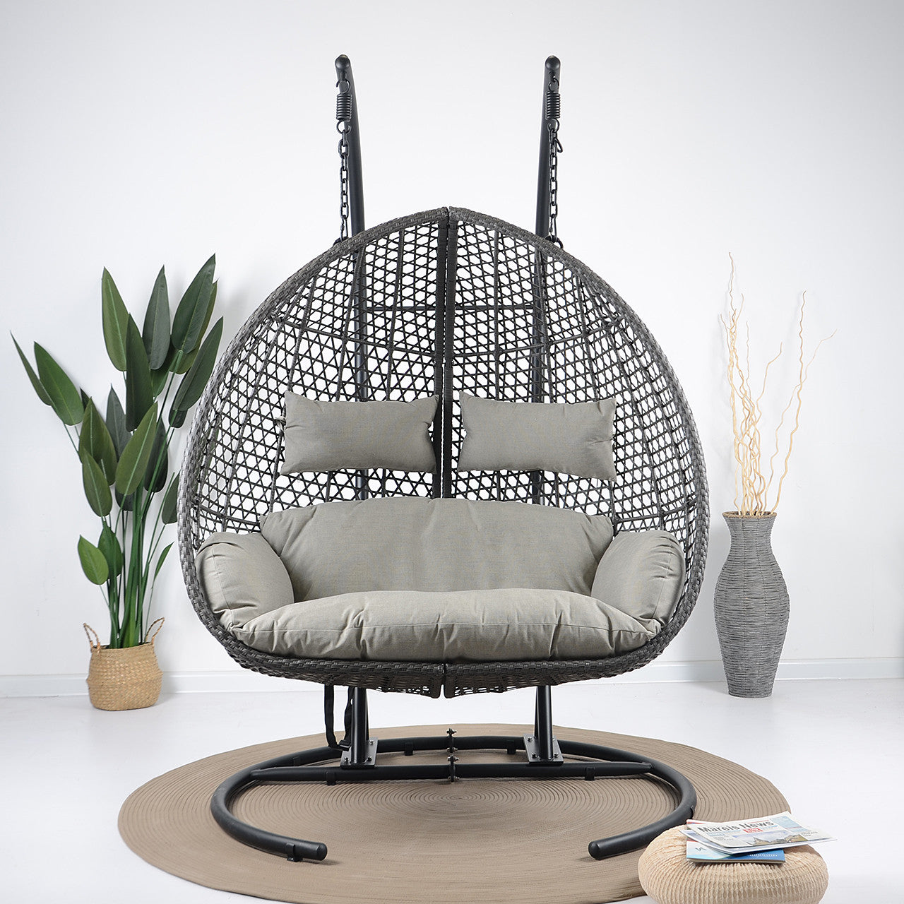 Gabal Double Seater Hanging Swing With Stand For Balcony, Garden Swing (Grey)