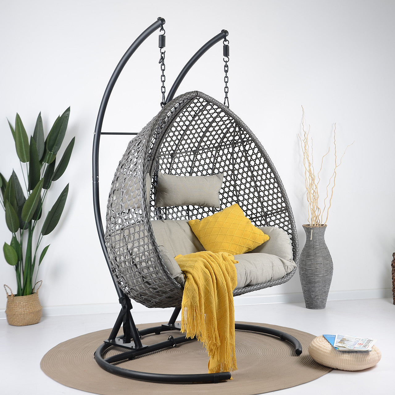Gabal Double Seater Hanging Swing With Stand For Balcony, Garden Swing (Grey)